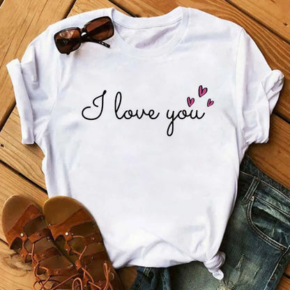 Maycaur Colorful Heart Flower Print Women Tshirt Summer Casual Funny Graphic T Shirt 90s Lady Yong Girl Valentine's Day Gifts