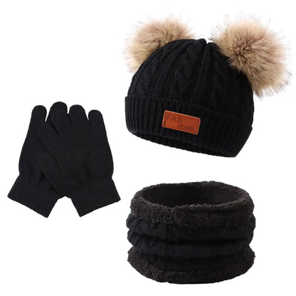 Peecabe Baby Beanie Fall Winter Toddler Knit Hat Scarf Glove Set Pompom Beanie Hat Fleece Neck Warmer (1-4 Years Black)