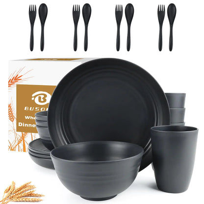 BUSOKIP 20 Pieces Wheat Straw Dinnerware Sets Unbreakable Plates and Bowls Sets Alternatives Reusable Plastic Dinnerware Sets Outdoor Camping Dishes Microwave Safe Dishes Set for 4 (Black)