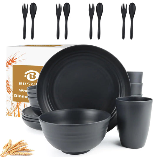 BUSOKIP 20 Pieces Wheat Straw Dinnerware Sets Unbreakable Plates and Bowls Sets Alternatives Reusable Plastic Dinnerware Sets Outdoor Camping Dishes Microwave Safe Dishes Set for 4 (Black)