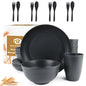BUSOKIP 20 Pieces Wheat Straw Dinnerware Sets Unbreakable Plates and Bowls Sets Alternatives Reusable Plastic Dinnerware Sets Outdoor Camping Dishes Microwave Safe Dishes Set for 4 (Black)