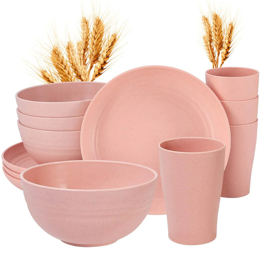 12pcs Kids Wheat Straw Dinnerware Sets Wheat Straw Plates and Bowls Set for 4 Microwave Safe (Pink)