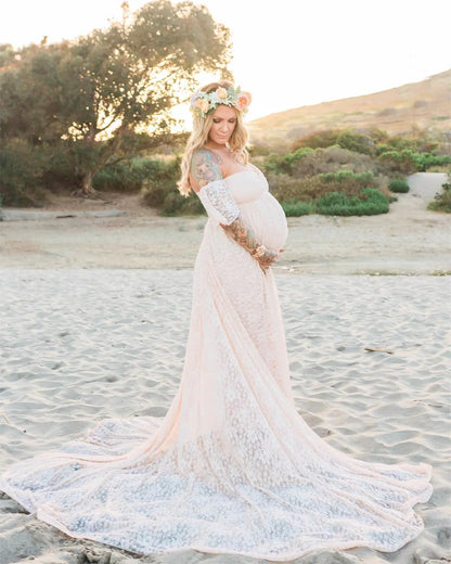 Lace Maternity Maxi Dress with Flutter Sleeves