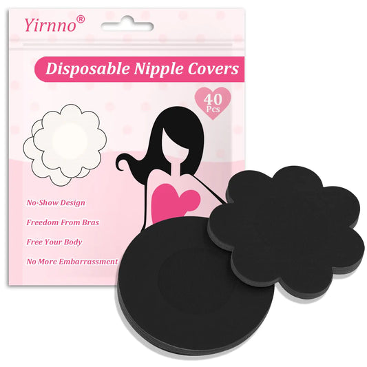 Yirnno 40 Pcs Pasties Nipple Covers For Women Disposable No-Show Hypoallergenic Nipple Pasties Satin Breast Petals Stickers (Black Standard)