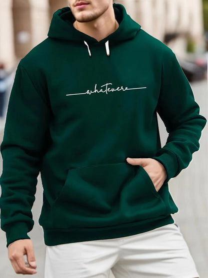 Men's winter casual fashion loose plus size simple letter printed fleece pullover long sleeved hooded sweatshirt