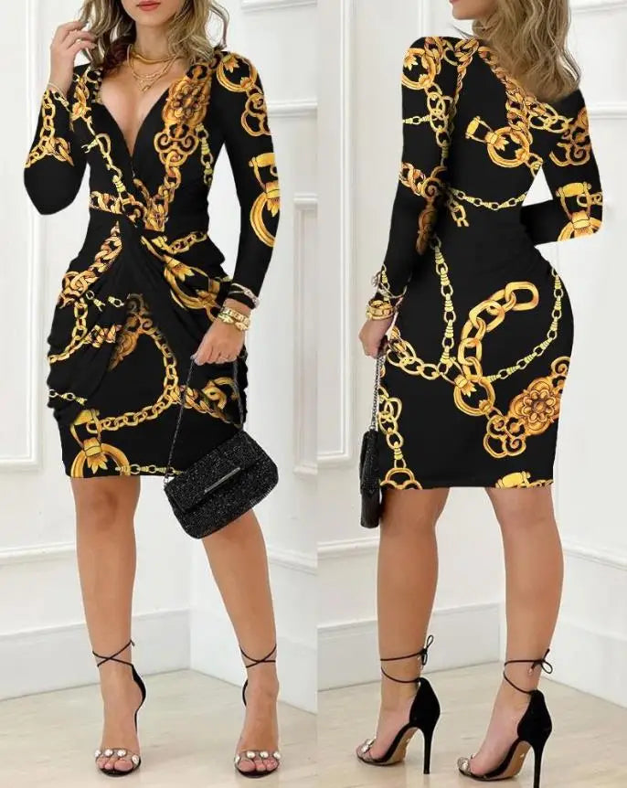 Elegant and Pretty Women's Dresses 2025 Fashion Sexy Deep V-Neck Baroque Chain Print Twist Detail Party Dress Female Clothing