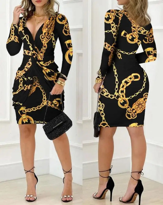 Elegant and Pretty Women's Dresses 2025 Fashion Sexy Deep V-Neck Baroque Chain Print Twist Detail Party Dress Female Clothing