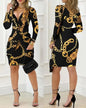 Elegant and Pretty Women's Dresses 2025 Fashion Sexy Deep V-Neck Baroque Chain Print Twist Detail Party Dress Female Clothing