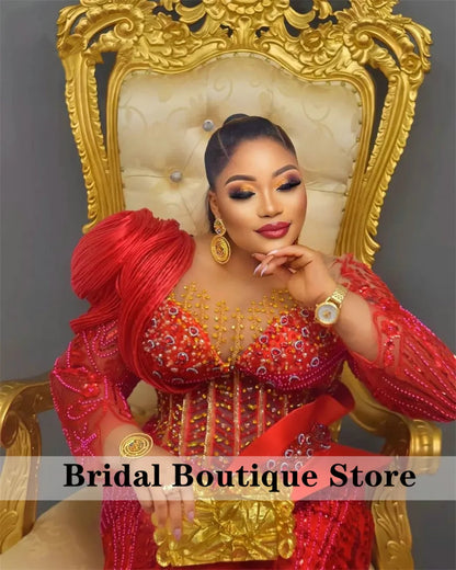 Luxury Red Mermaid Evening Dress Crystal Beading Birthday Wedding Prom Party Gowns Aso Ebi Robes De Soirée Customized