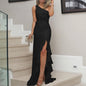 2024 New Women's White Graduation Prom Dress Sexy Irregular Ruffles Slit Long Party Dresses Ladies Sleeveless Evening Midi Robes