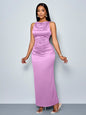 SOLERSUN Women's Elegant Solid Color Drape Neck Ruched Sleeveless Party Dress,Perfect For Banquets