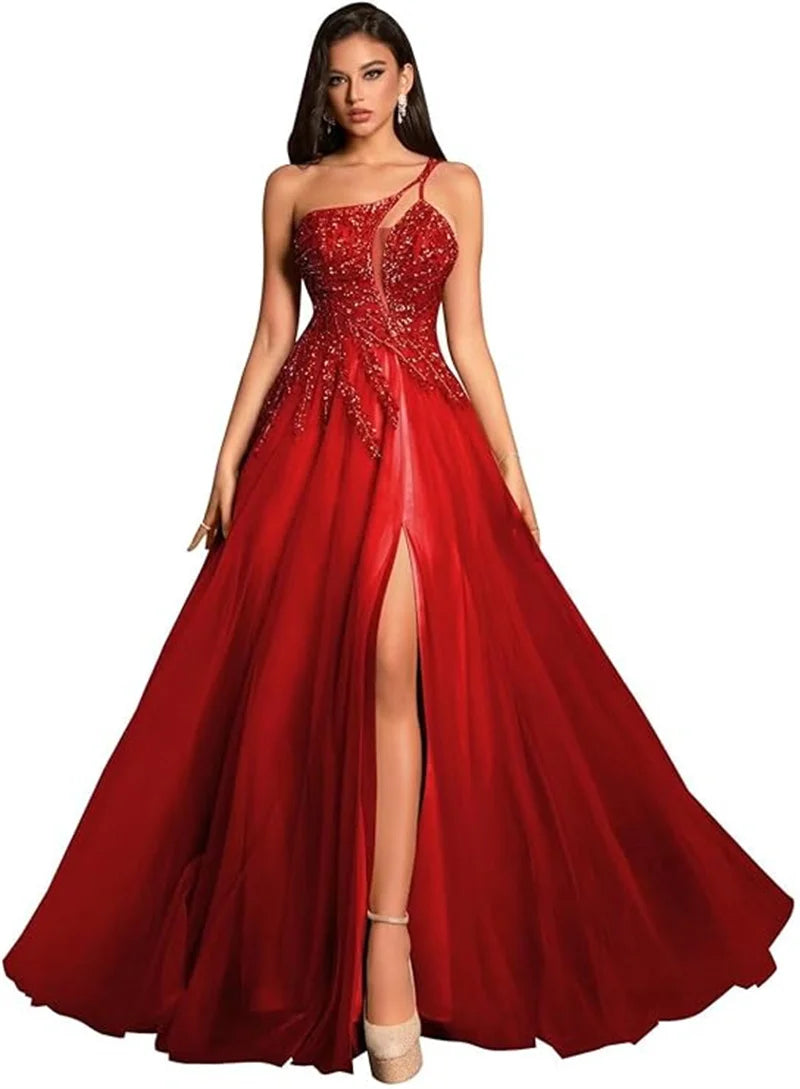 Customized Beaded Tulle Prom Dresses 2025 with Pockets Spaghetti Strap Formal Evening Dresses with Slit