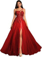 Customized Beaded Tulle Prom Dresses 2025 with Pockets Spaghetti Strap Formal Evening Dresses with Slit