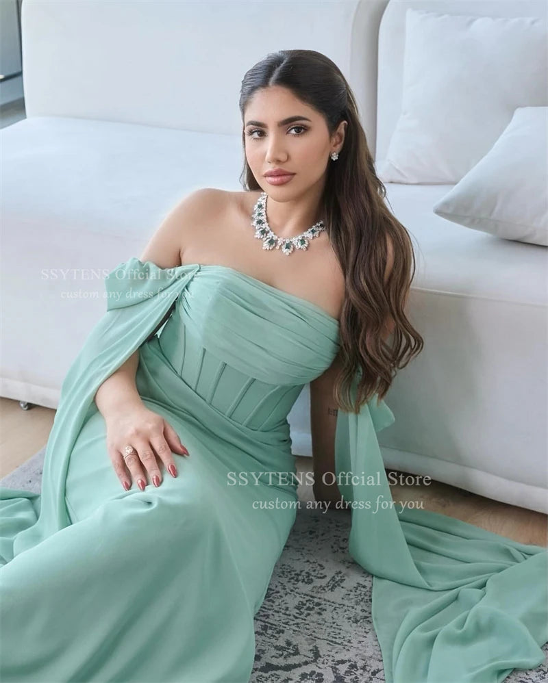 SSYTENS Green Chiffon Evening Dresses Mermaid Formal Occasion Dresses Cape Sleeves Off Shoulder Women Prom Party Gown Customized