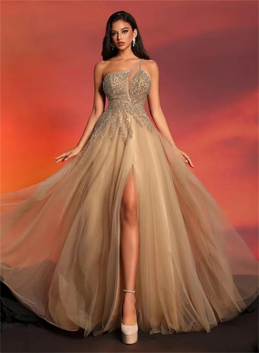 Customized Beaded Tulle Prom Dresses 2025 with Pockets Spaghetti Strap Formal Evening Dresses with Slit