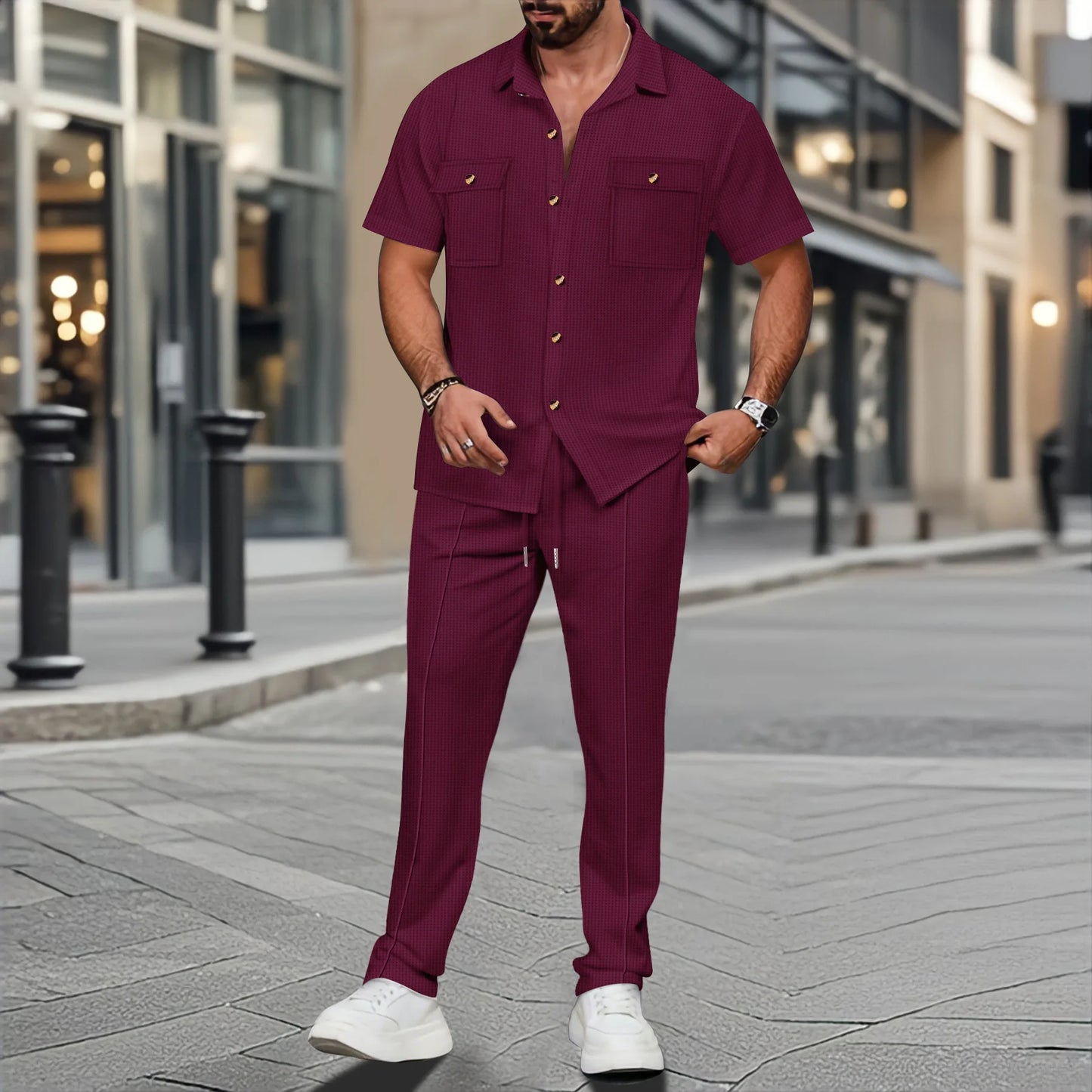 men light ripe casual solid color button pocket fashion Waffle trend shirt short-sleeved trousers two-piece set
