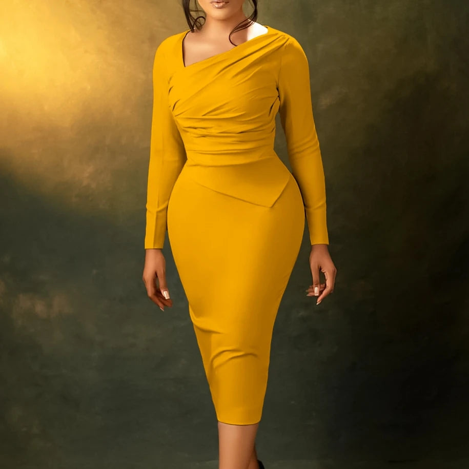 Sexy Elegant Evening Party Dresses New Fashion Casua Long Sleeved Commuting Bag Buttocks Diagonal Collar Pleated Dress