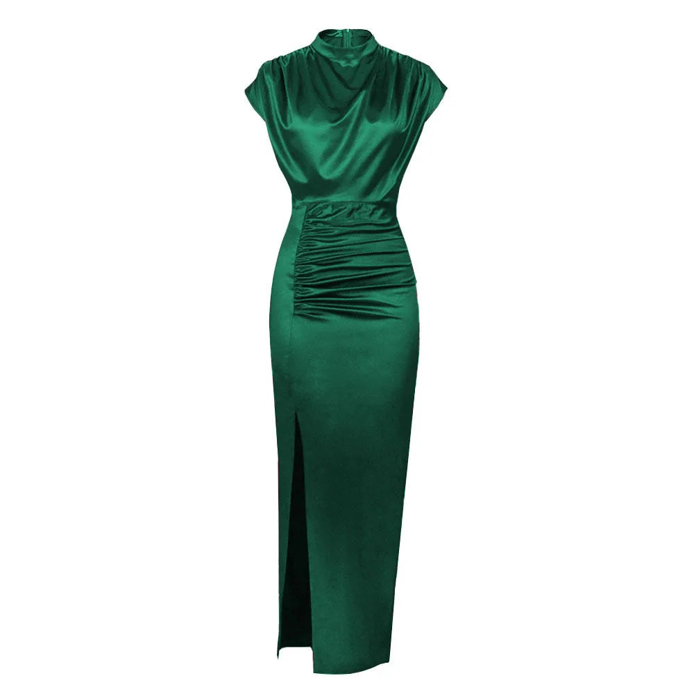 Women Colored Satin Zipper Split High Grade Dress Long Floor Length Dress