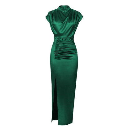 Women Colored Satin Zipper Split High Grade Dress Long Floor Length Dress