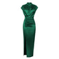 Women Colored Satin Zipper Split High Grade Dress Long Floor Length Dress