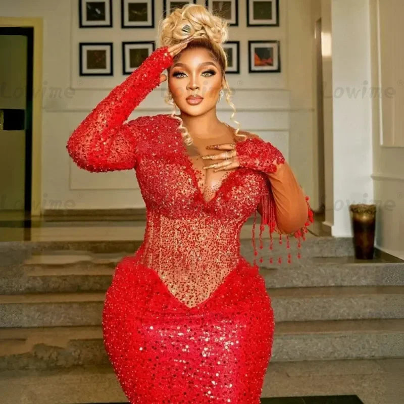 Red Elegant Plus Size African Prom Dresses 2025 Customized Long Sleeves Mermaid Evening Gowns Crystals Tassel Beaded Party Dress