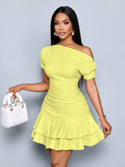 Off-Shoulder Ruched Mini Dress with Tiered Ruffle Hem in Apricot