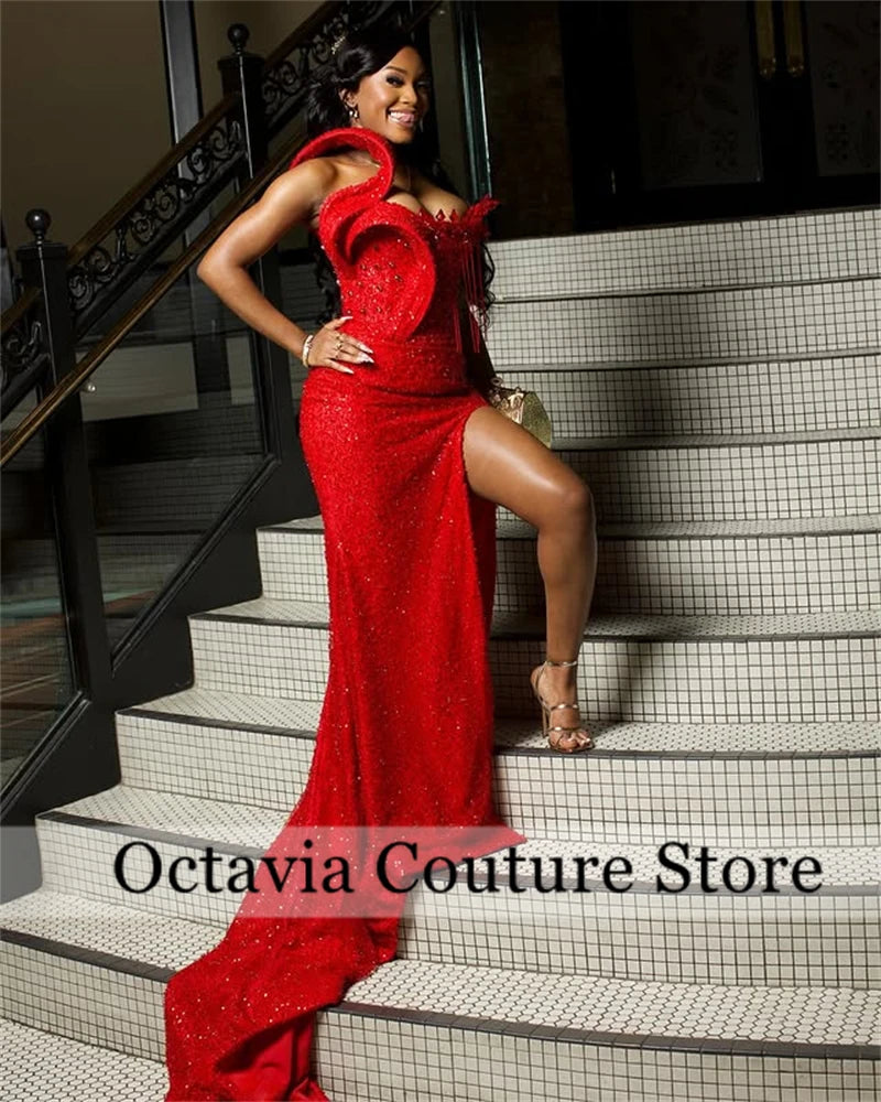 Aso Ebi Red Tassels Crystal Mermaid Evening Dresses 2025 Beaded African Wedding Party Gowns For Women Prom Dress Customized
