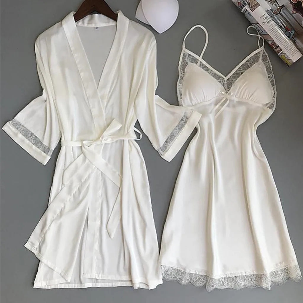 Women'S Sexy Lace Nightgown Nightdress Two-Piece Set Satin Material Soft And Silky Women'S Home Pajamas Valentine'S Day Gift