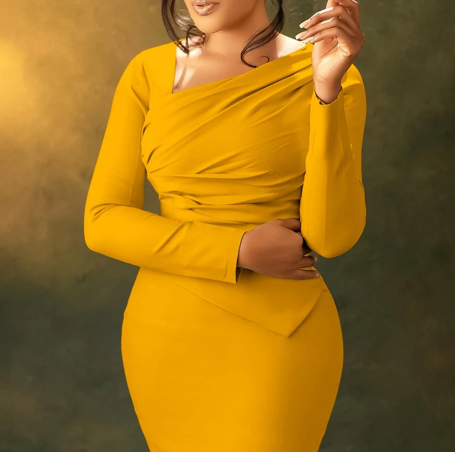 Sexy Elegant Evening Party Dresses New Fashion Casua Long Sleeved Commuting Bag Buttocks Diagonal Collar Pleated Dress