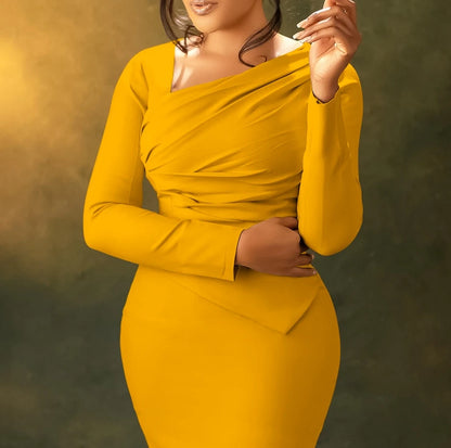 Sexy Elegant Evening Party Dresses New Fashion Casua Long Sleeved Commuting Bag Buttocks Diagonal Collar Pleated Dress