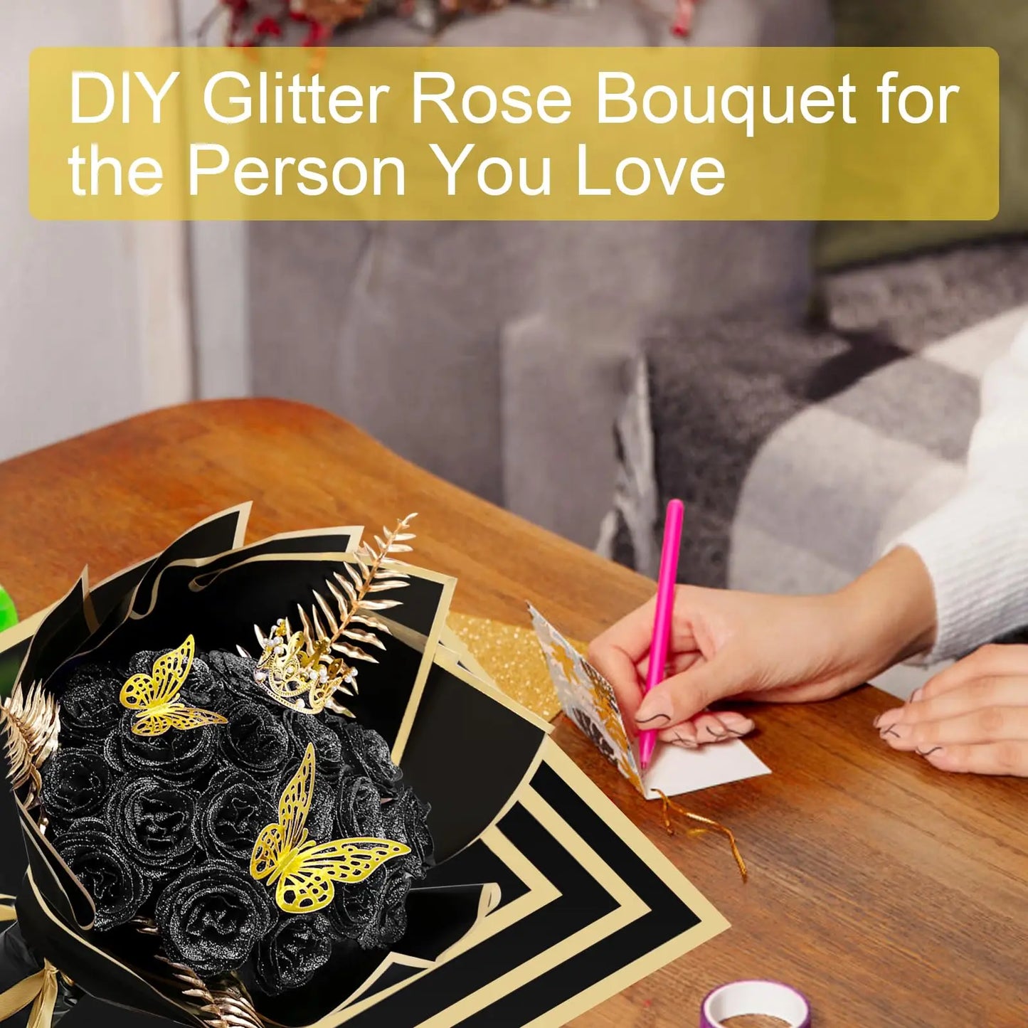 DIY Glitter Roses Bouquet 24 Pack Fake Shiny Flowers with Stems Eternal Floral Wedding Bouquets Anniversary Birthday Party Decor