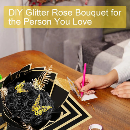 DIY Glitter Roses Bouquet 24 Pack Fake Shiny Flowers with Stems Eternal Floral Wedding Bouquets Anniversary Birthday Party Decor