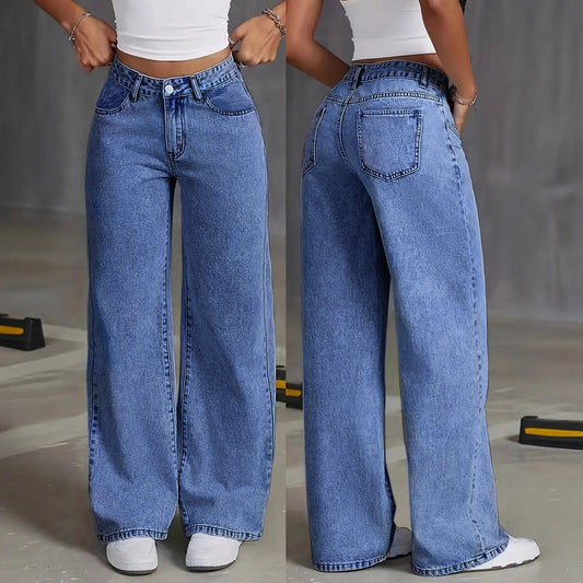 Size: S-5XL Women's Summer Autumn Wide-Leg Jeans High-Waist Plus-Size Jeans Straight-Leg Loose Casual Pants Girls Wide Leg Pants
