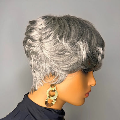 Silvery Gray Pixie Cut Wig 100% Human Hair Wig for Women Virgin  Remy Human Hair Wig