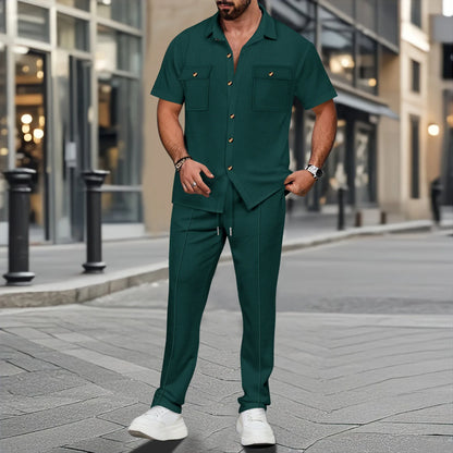 men light ripe casual solid color button pocket fashion Waffle trend shirt short-sleeved trousers two-piece set