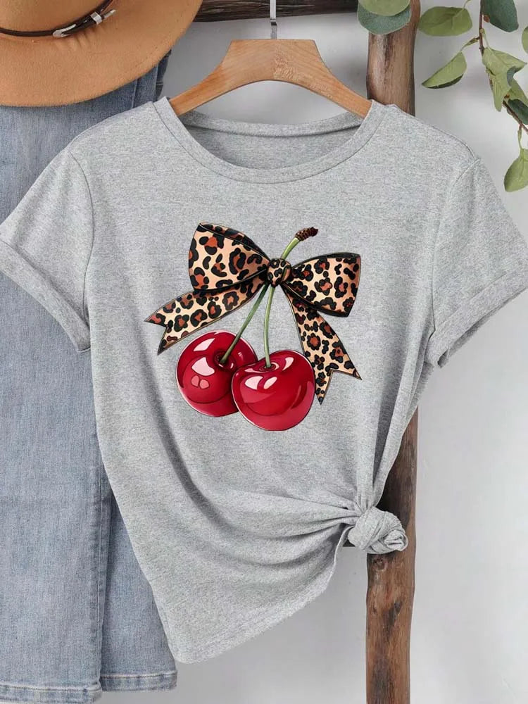 Fashion Cherry Print Women T-Shirt Short Sleeve Crew Neck Casual Tops for Summer Spring Women's Clothing Tops