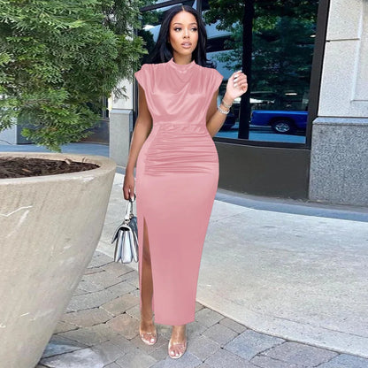 Women Colored Satin Zipper Split High Grade Dress Long Floor Length Dress