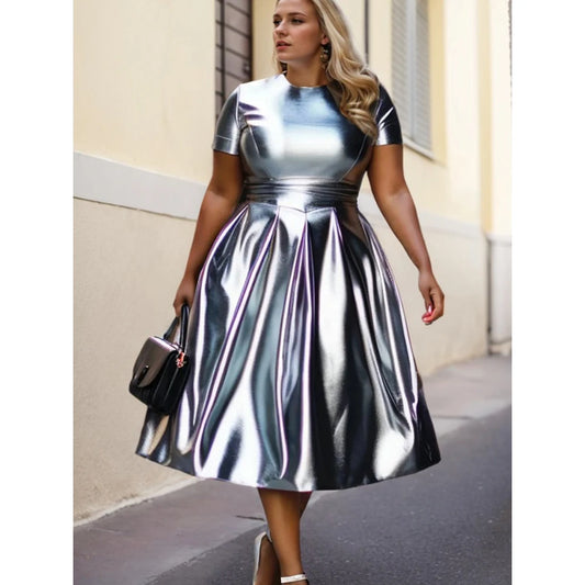 Plus Size Women Sequin Dress Short Sleeve Round Neck Solid Pleated A-Line Party Club Evening Midi Summer Dresses for Women 2025