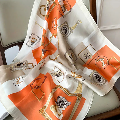70cm Chain Print Silk Satin Hair Scarf Women Handkerchief Printed Female Square Head Bandana Small Neck Muffler Hijab Lady Girl