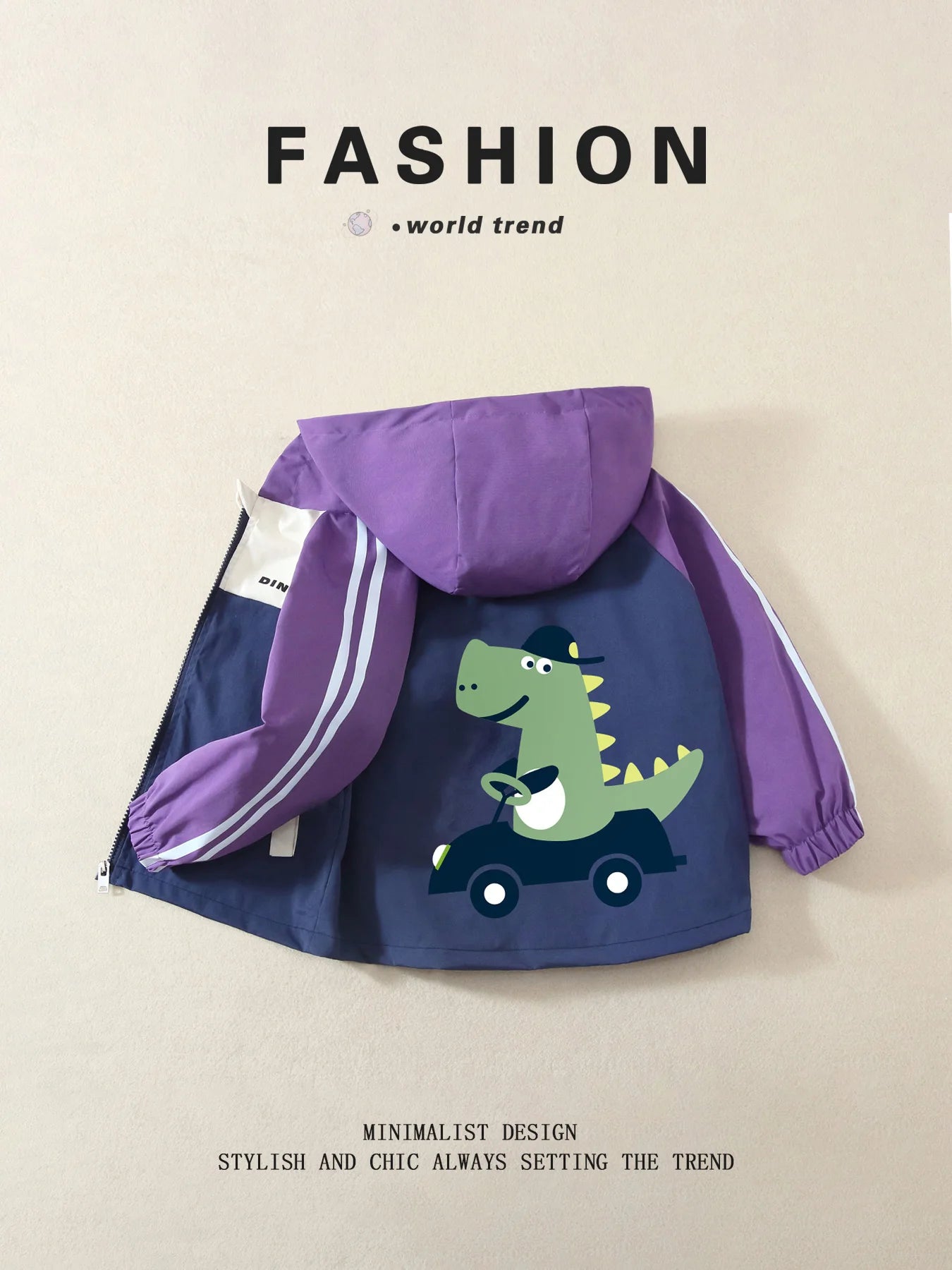 Unisex Kids' Color-Block Hooded Jackets, Cute Dinosaur Print, Spring/Autumn, Lightweight, Ages 3-10 Years