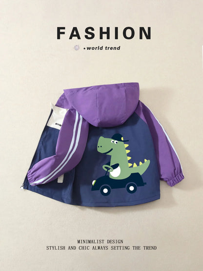 Unisex Kids' Color-Block Hooded Jackets, Cute Dinosaur Print, Spring/Autumn, Lightweight, Ages 3-10 Years