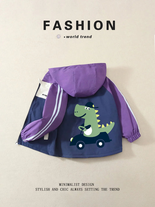 Unisex Kids' Color-Block Hooded Jackets, Cute Dinosaur Print, Spring/Autumn, Lightweight, Ages 3-10 Years