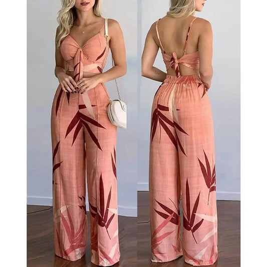 Women Tropical Print Spaghetti Strap Casual Lace up Back Top &High Waist Pants Set 2 Pieces Sets
