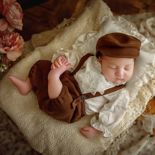 3Pcs Newborn Boy Photography Outfits Shirts Suspender Pants with Beret Set Gentleman Suit Infant Boys'Costumes Photo Accessories