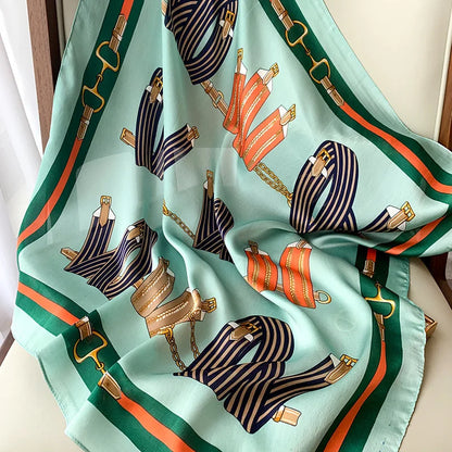 70cm Chain Print Silk Satin Hair Scarf Women Handkerchief Printed Female Square Head Bandana Small Neck Muffler Hijab Lady Girl