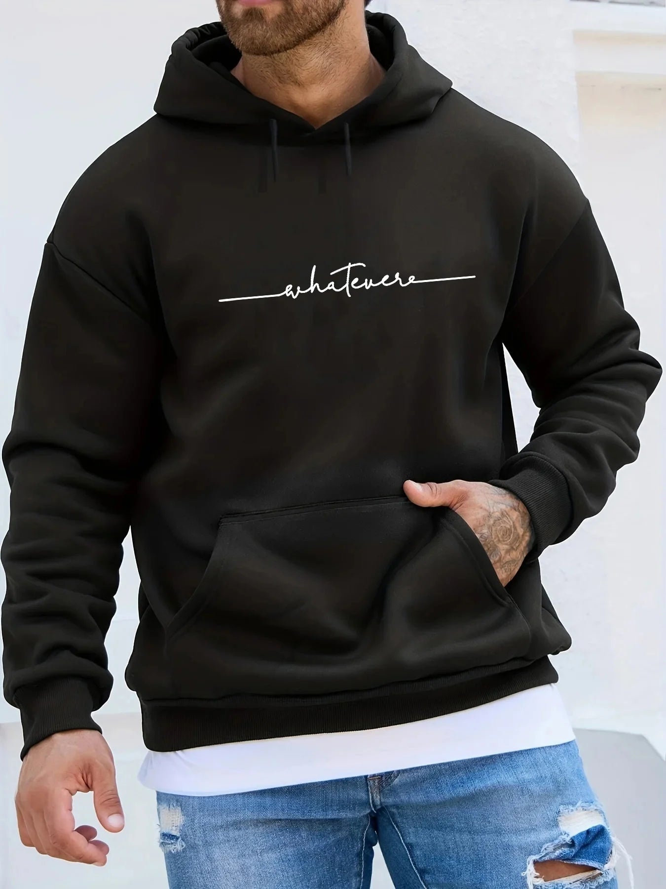 Men's winter casual fashion loose plus size simple letter printed fleece pullover long sleeved hooded sweatshirt