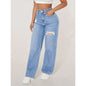 Ripped High-waisted Wide-leg Jeans. Fashionable and Versatile Casual Floor-length Jeans for Women