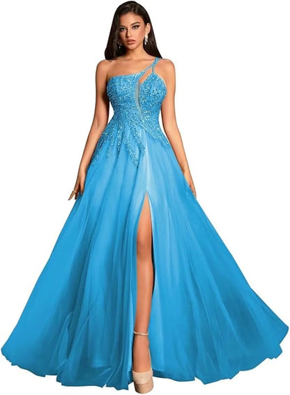 Customized Beaded Tulle Prom Dresses 2025 with Pockets Spaghetti Strap Formal Evening Dresses with Slit