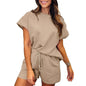 Women's Cotton Set Casual Loose Solid Color Two piece Set Round Neck Short sleeved Top and Shorts Two piece Set S-2XL