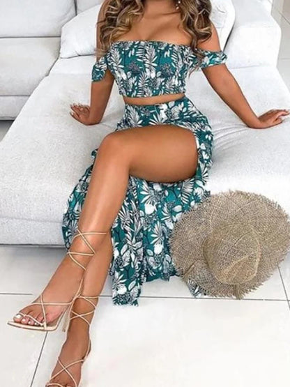 Summer Fashion Sets For Women 2 Pieces Solid Pleated Tops & Floral Print High Waist Midi Skirt Chic Lady Long Skirts Set
